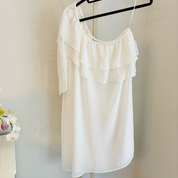 CeCe White One Shoulder Chiffon Swiss Dot Dress with Tie Waist, Large, NWT - Picture 1 of 8